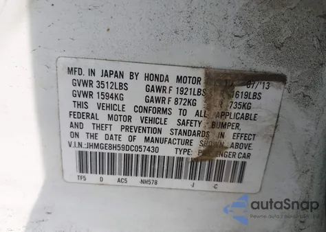 2013 Honda Fit Sport from USA, damaged, VIN JHMGE8H59DC057430
